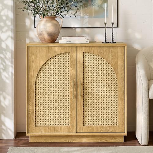 FORTUNETEC 31.7" Sideboard Buffet Cabinet with Storage, Light Oak | Accent Cabinet with Arched Doors, Boho Modular Media Console, Credenza for Living Room Kitchen Dining Room Entryway - color: Light Oak, size: 1