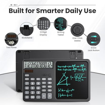 Desk Calculator with 7" LCD Writing Tablet, Stable Foldable Kickstand with Ergonomic 15° Viewing Angle, 12-Digit Large Display, Solar & Battery Dual Power, 2-in-1 Notepad Calculator -Black