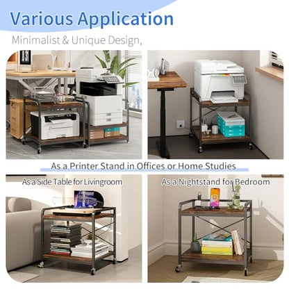 Under Desk Printer Stand with Power Outlet, Adjustable Shelf,Rustic Brown - color: Rustic Brown