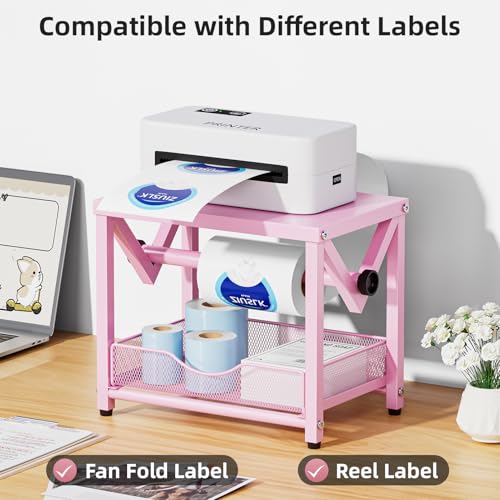 Marbrasse Label Holder for Rolls and Fanfold Labels, Metal Thermal Label Printer Holder with Drawer, Shipping Label Stand,Sticker Roll Holder for Home, Office, Small Business,Pink - color: Pink