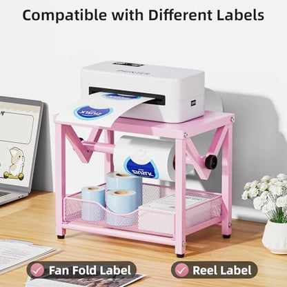 Marbrasse Label Holder for Rolls and Fanfold Labels, Metal Thermal Label Printer Holder with Drawer, Shipping Label Stand,Sticker Roll Holder for Home, Office, Small Business,Pink - color: Pink