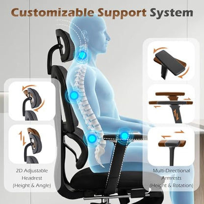Ergonomic Office Chair with Footrest and Dynamic Lumbar Support, Black | Reclining high-back computer chair, memory foam seat, 4D armrests, 2D headrest, mesh desk chair for home office, long hours - color: Black