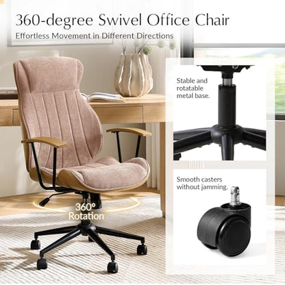 HULALA HOME Solid Wood Office Chair with High Backrest, Spice | Mid Century Modern Bentwood Desk Chair with Tilt Function, Swivel Fabric Computer Task Chair, Height Adjustable, Metal Base - color: Spice