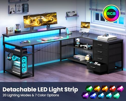 AODK 61 Inch L Shaped Computer Desk with 4 Drawers, LED Lights, Black - color: Black, size: 61 inches