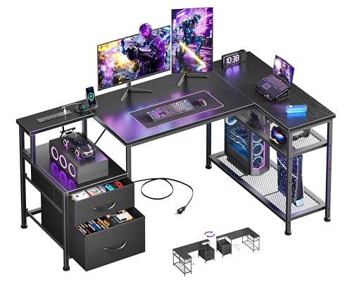 Korfile 49Inch L Shaped Gaming Desk with Power Outlets and Type-C Port, Reversible Computer Office Desk with 2 Fabric Drawers & Mesh Shelves, Corner Desk for Study Work Writing Desk, Black - color: Black, size: 49 Inch