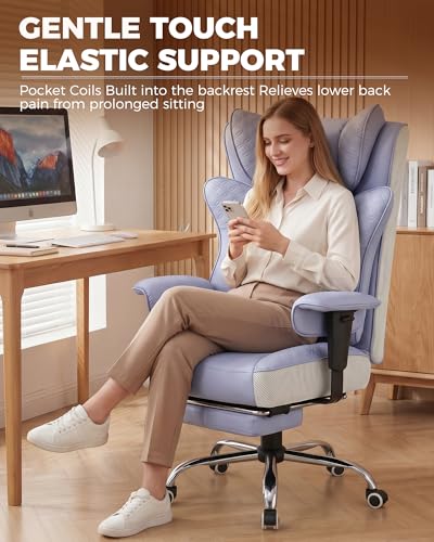 GTPLAYER Big and Tall Office Chair Wide Ergonomic Gaming Chair with Deluxe Embossing Designed Leather with Foot Rest,150°Reclining Adjustable Soft Armrests Pocket Spring Back Support and Pillow - color: Pu-purple