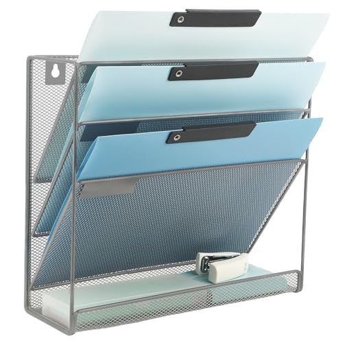 Desk File Organizer Mesh 4-Tier, Hanging Wall Mount Document Organization Stand, Desktop Vertical Mail Paper Folder Holder Rack with Bottom Tray for Office Home Cubicle Countertop, Gray - color: Gray, size: 4 Tier