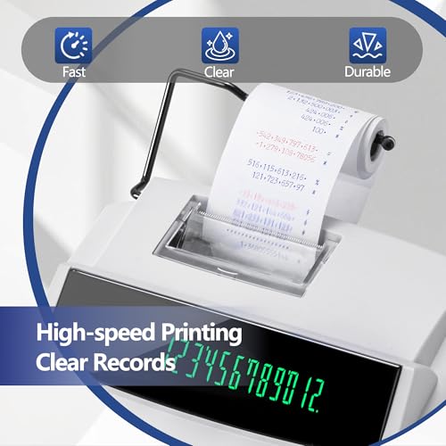 VUSIGN 12-Digit Desktop Printing Calculator with Tape Print Out, Adding Machine with Fluorescent Display, 10 Key Calculator with Clock and Calendar, Accounting Business Finance