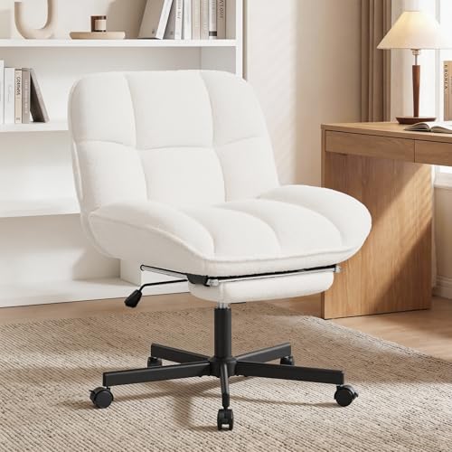 Criss Cross Office Chair with Foot Rest, Thick Cushioned Cross Legged Office Chair, Armless Wide Seat Reclining Desk Chair, Height Adjustable Criss Cross Chair for Home Office,Vanity,White - color: White a