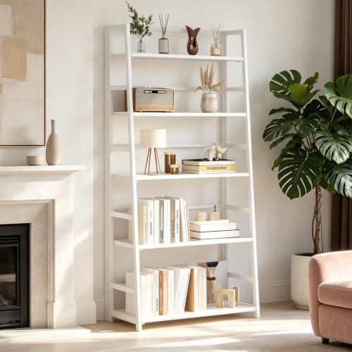 JSB 5 Tier Bookshelf, No Assembly Folding Ladder Bookshelf, 51.6in Tall Foldable Ladder Shelf, Bookcase for Home Office, Living Room,Space-Saving (All White, 5 Tier) - color: All White