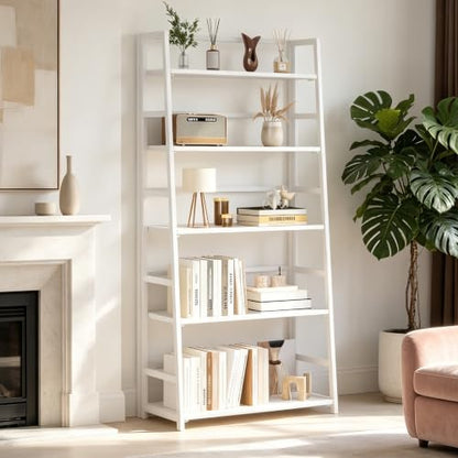 JSB 5 Tier Bookshelf, No Assembly Folding Ladder Bookshelf, 51.6in Tall Foldable Ladder Shelf, Bookcase for Home Office, Living Room,Space-Saving (All White, 5 Tier) - color: All White