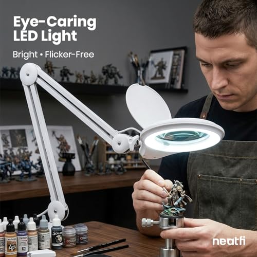 Neatfi LED Bifocal Magnifying Lamp 1,200 Lumens – 5” Glass Lens, Dual Magnification 3X/6X, Dimmable Task Light | Adjustable Arm with Clamp | Crafting, Jewelry & Reading (8 Diopter + 20 Diopter, White) - color: White, size: 8 Diopter + 20 Diopter