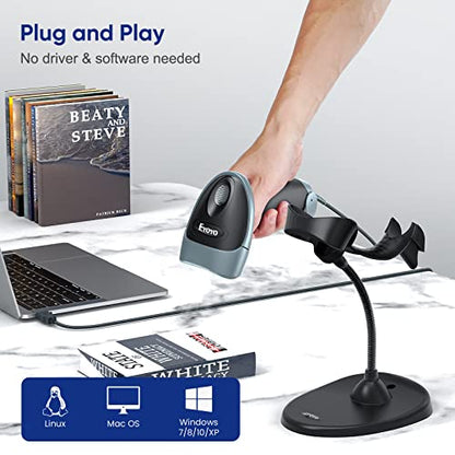 Eyoyo Handheld USB Wired 2D Barcode Scanner with Gooseneck Stand for POS | Automatic, QR Code Scanner Bar Code Reader, Support Screen Scanning, for PC Library Store Supermarket Check-Out, Inventory
