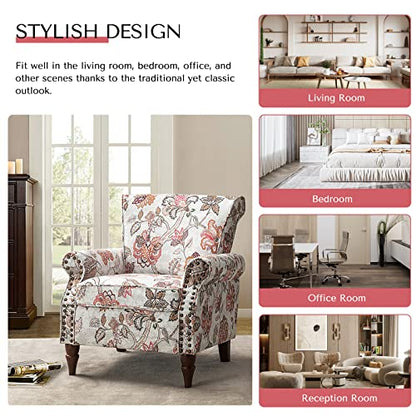 HULALA HOME Traditional Floral Accent Chair with Solid Wood Legs, Pink | Comfy Upholstered Armchair Reading Chair with Rolled Armrests, Nailhead Trim, Removable Cushion, for Living Room Bedroom - color: Pink