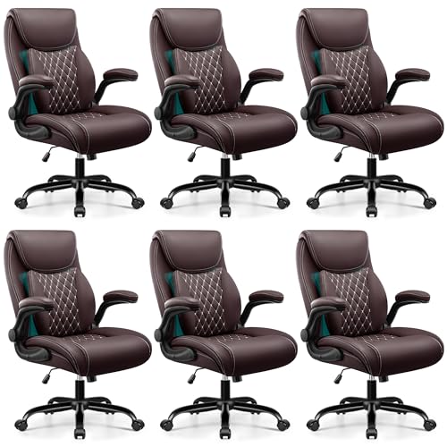 BESTFAIR Office Chairs, Lumbar Support Desk Chair for Back Pain Relief | Executive Leather Home Chair Comfy with Padded Flip-up Armrests, Coffee, 6-Pack - color: Coffee, size: 6 Pack