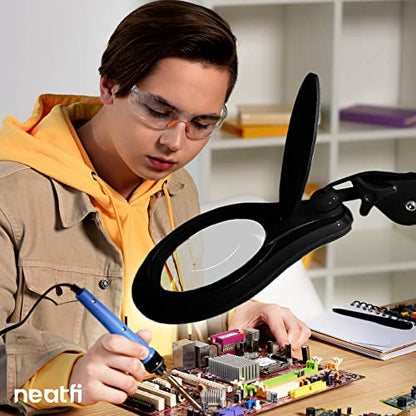 Neatfi LED Magnifying Lamp 1,200 Lumens with Clamp – 5” 5-Diopter Glass Lens, Dimmable Task Light | Adjustable Arm | Reading, Sewing & Crafting (Black, 5-Diopter) - color: Black, size: 5-Diopter