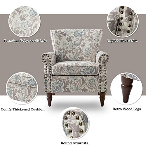 HULALA HOME Traditional Floral Accent Chair with Solid Wood Legs, Grey | Comfy Upholstered Armchair Reading Chair with Rolled Armrests, Nailhead Trim, Removable Cushion, for Living Room Bedroom - color: Grey