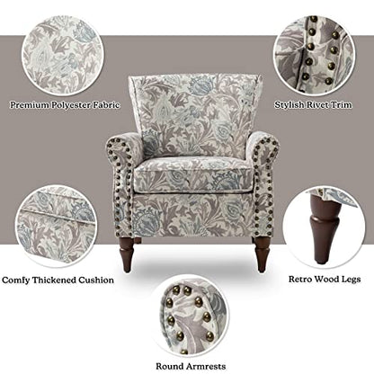 HULALA HOME Traditional Floral Accent Chair with Solid Wood Legs, Grey | Comfy Upholstered Armchair Reading Chair with Rolled Armrests, Nailhead Trim, Removable Cushion, for Living Room Bedroom - color: Grey