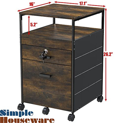 SHW Box File Rolling Mobile Cabinet with Lockable Drawer, Rustic Brown - color: Rustic Brown