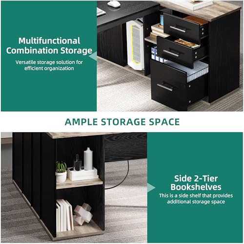 YITAHOME Executive Desk with Power Outlets | Power Outlets, File Cabinet, Drawers & Storage Shelves, Corner Office Desk with Bookshelf, For Home Office