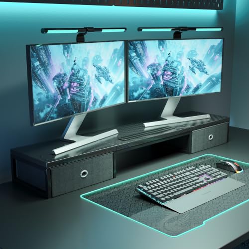 Mexin 39" Dual Monitor Stand Riser with 2 Storage Drawers, Carbon Fiber Computer Desk Organizer for 2 Monitors, Heavy Duty 100 Lbs Desktop Stand with Phone Tablet Holder for Home Office, Black - color: Carbon Fiber Black