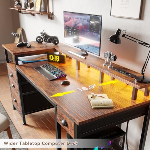 Furologee 60" Computer Desk with 4 Drawers, Power Outlet, LED, Rustic Brown - color: Rustic Brown, size: 60 Inch