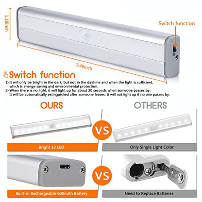 4 Pack Motion Sensor Closet Lights, 10 LED Stick-on Anywhere Magnetic Portable Wireless LED Under Cabinet Lights, Rechargeable Battery Night Light Bar for Closet Kitchen Hallway Stair(Daylight White) - size: 4 Pack