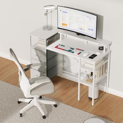 VINGLI 47" L-Shaped Home Office Desk, Fabric Drawers, Storage Shelves - color: White, size: 47 Inch