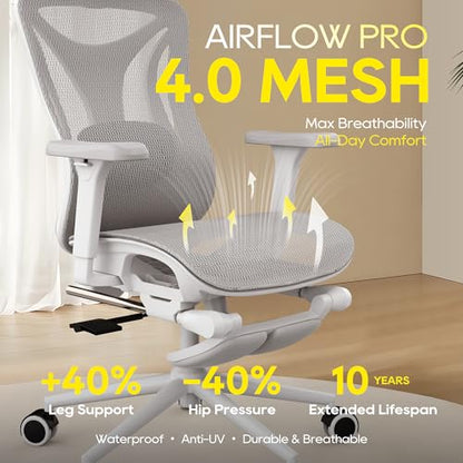 CYKOV Ergonomic Office Chair with Footrest - Adjustable Lumbar Support & Headrest, 90-160° Reclining Mesh Back Computer Chair - Home Office/Gaming, 350lbs Capacity (W-Grey, Mesh) - color: W-grey