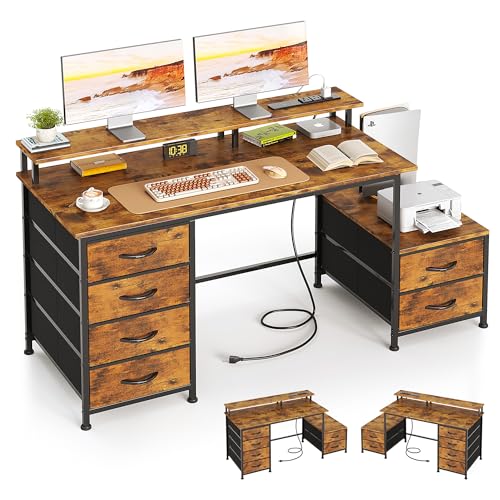 52 Inch Office Desk with 6 Drawers and Printer Space for Storage, Reversible Computer Desk with Monitor Stand & Power Outlets, Home Office Desks, Vintage Brown