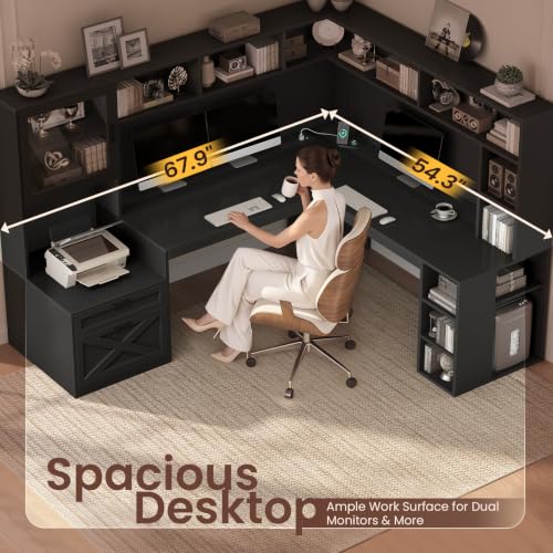 SEDETA 68" Farmhouse L Shaped Computer Desk with Hutch, Storage Drawers - color: Black, size: 68 inches