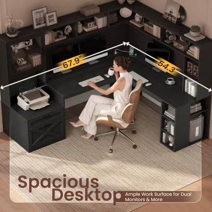 SEDETA 68" Farmhouse L Shaped Computer Desk with Hutch, Storage Drawers - color: Black, size: 68 inches