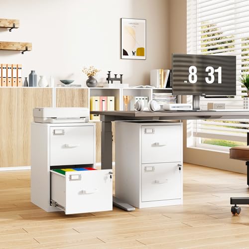 2-Drawer File Cabinet with Lock, Small Filing Cabinet Organizer for Hanging A4/Letter/Legal Size Folder, Under Desk Vertical Filing Cabinets for Home Office, Printer Stand, White - color: White, size: 25.4"H x 15"W x 17.7"D