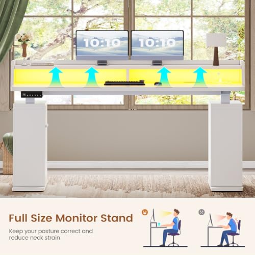SEDETA Standing Desk with Storage, 55" Fluted Stand Up Desk with Power Outlets & LED Lights, Height Adjustable Table with Monitor Shelf for Home Office, Gaming, White - color: White