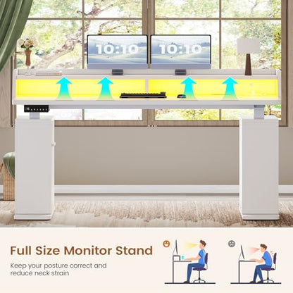 SEDETA Standing Desk with Storage, 55" Fluted Stand Up Desk with Power Outlets & LED Lights, Height Adjustable Table with Monitor Shelf for Home Office, Gaming, White - color: White