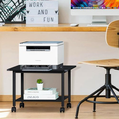 Lerliuo Under Desk Printer Stand, 2-Tier Industrial Mobile Printer Table with Storage Shelf and Steel Frame, Rolling Printer Cart Holder with Lockable Wheels for Home, Office (Black) | Black Small Mobile Printer Cart Desk for Home Office, Lockable Wheels,