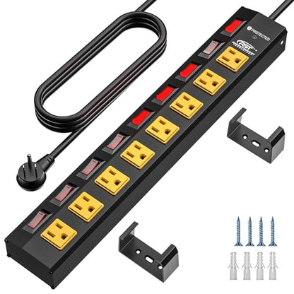 CRST 8-Outlet Metal Power Strip with Individual Switches, 15A/1875W, 6FT | 1.77" Wide Spacing for Bulky Plugs, 1200J Surge Protector Power Strip with Mounting Brackets for Home/Workshop/Garage/School - size: 8 Outlet+6FT