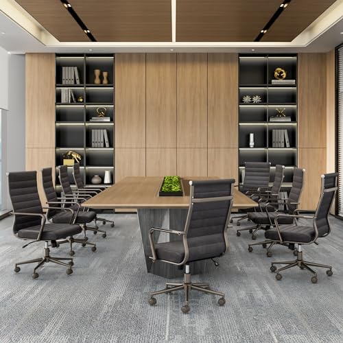 Okeysen Leather Office Desk Chair, Ergonomic Mid Century Modern Conference Room Chairs, Executive Ribbed Height Adjustable Swivel Rolling Chair for Home Office. - color: Metal