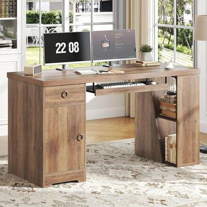 HSH 55" Computer Desk,Farmhouse Home Office Desk Keyboard Tray Rustic Oak | Executive Wood Work Study Writing Pc Table Studio Desks with Storage Drawers Wooden Workstation with Shelves and Cabinet - color: Rustic Oak