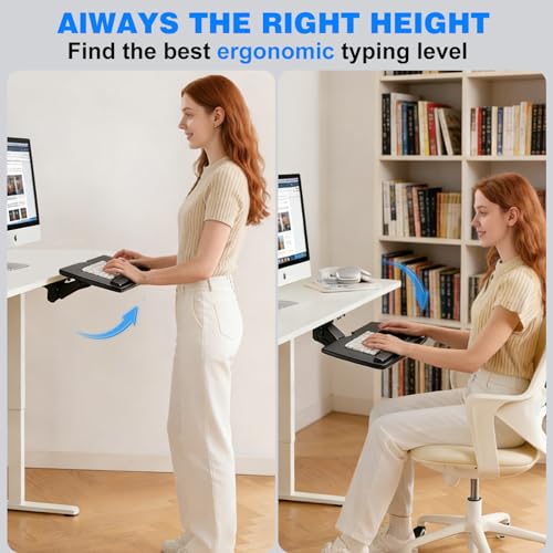 Keyboard Tray Under Desk,Adjustable for Height and Tilt, Adjustable Computer Keyboard & Mouse Platform Tray,25"W x 9.8"D Surface, Ideal for Home and Office Use