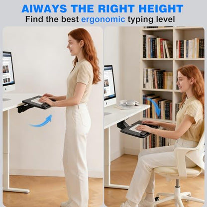 Keyboard Tray Under Desk,Adjustable for Height and Tilt, Adjustable Computer Keyboard & Mouse Platform Tray,25"W x 9.8"D Surface, Ideal for Home and Office Use