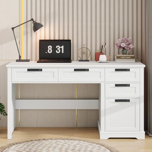 Halitaa 55" Farmhouse Home Office Desk with File Drawer, Executive Computer Desk with 4 Storage Drawers, Rustic Computer Desk for Working, Studying, Writing（White