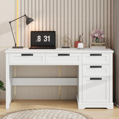 Halitaa 55" Farmhouse Home Office Desk with File Drawer, Executive Computer Desk with 4 Storage Drawers, Rustic Computer Desk for Working, Studying, Writing（White