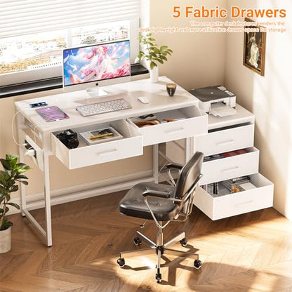 Unikito Reversible Computer Desk with 5 Drawers, Sturdy Office Desk with Power Outlets and USB Ports, Study Writing Table with File Cabinet & Printer Stand, Vanity Desk with Storage, White - color: White