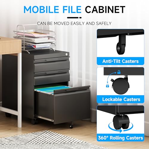Bestoo Mobile File Cabinet, 3 Drawers Filing Cabinet with Wheels | Lockable, Metal File Cabinet, Under Desk File Cabinet, Suitable for Letter/Legal/A4/ File Folder, Easy to Assemble - color: Black, size: 3Drawer-Mobile-24.2"H