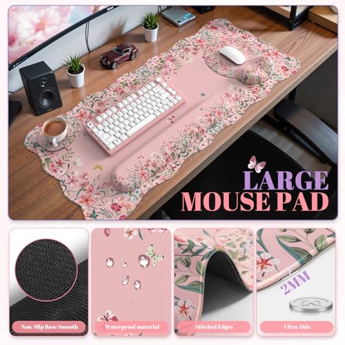 iCasso Pink Keyboard Mat 35.4"x15.7", Desk Protector for Classroom | Vintage Women Ergonomic Desk Pad with Keyboard Wrist Rest, Mousepad Set for Classroom Table Office Workspace Area - color: Pink