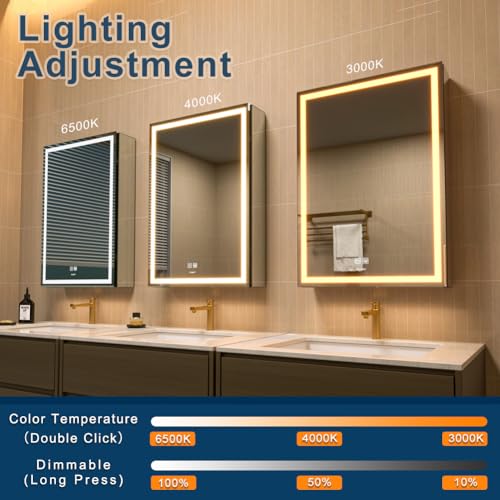 20 * 28 Right Hinge LED Bathroom Mirror Cabinet, Aluminum Medicine Cabinet | Light Adjustable, Sockets & USBs inside, Anti-Fog, Easy to Install - color: 20*28 Right Hinge