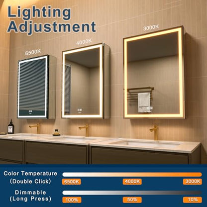 20 * 28 Right Hinge LED Bathroom Mirror Cabinet, Aluminum Medicine Cabinet | Light Adjustable, Sockets & USBs inside, Anti-Fog, Easy to Install - color: 20*28 Right Hinge