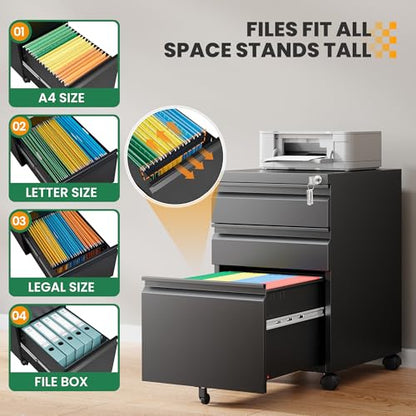 3-Drawer File Cabinet with Lock, Mobile Filing Cabinet, Fully Assembled - color: Black, size: 14.6"W x 24.4"H x 17.3"D - F