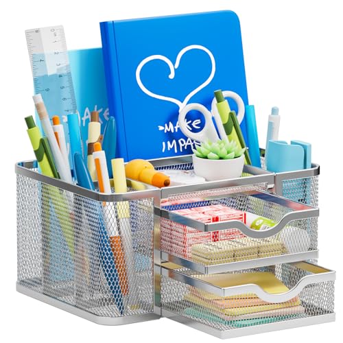 Marbrasse Mesh Desk Organizer, Pen Organizer with 2 Drawer, Multi-Functional Pencil Holder, Desk Organizers and Accessories with 5 Compartments + Drawer for Office Art Supplies (Silver) - color: Silver
